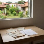 Casa alugada no Brasil com contas de luz e água antigas sobre mesa