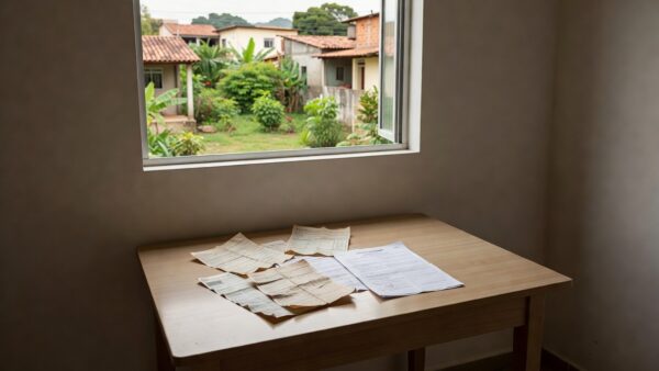 Casa alugada no Brasil com contas de luz e água antigas sobre mesa