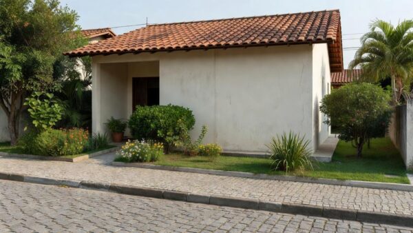 Casa brasileira em bairro residencial ilustrando compra segura de imóvel e certidão de ônus reais