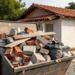 Caçamba de entulho em rua residencial brasileira para descarte de obra