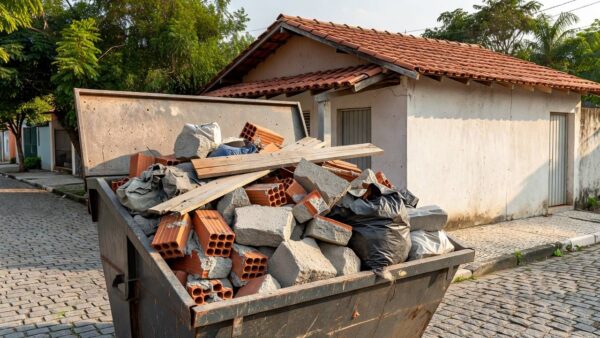 Caçamba de entulho em rua residencial brasileira para descarte de obra
