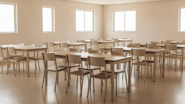 Sala de assembleia em condomínio residencial brasileiro pronta para reunião
