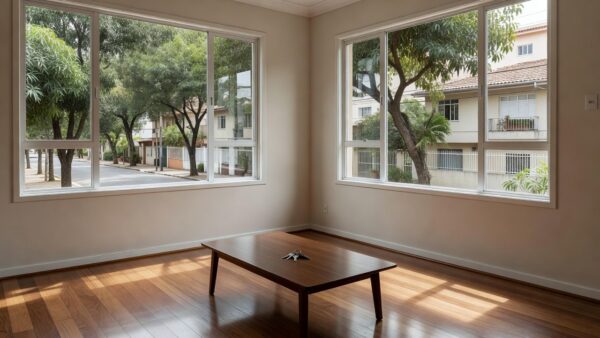 Apartamento brasileiro vazio com chaves na mesa, representando saída antecipada de inquilino