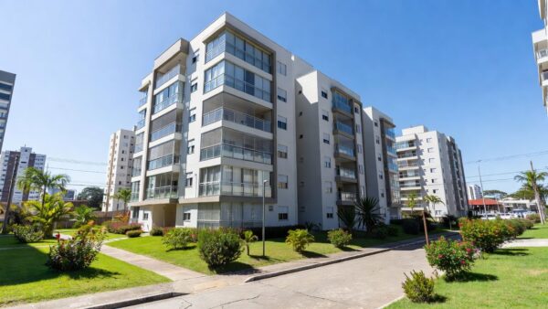 Edifício de condomínio brasileiro para análise de saúde financeira antes de comprar apartamento