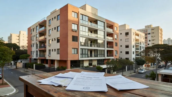 Certidão de quitação condominial e prédio residencial brasileiro para compra de imóvel