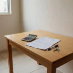 Contrato de aluguel e calculadora sobre mesa em apartamento brasileiro