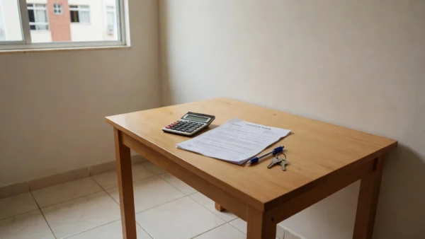 Contrato de aluguel e calculadora sobre mesa em apartamento brasileiro