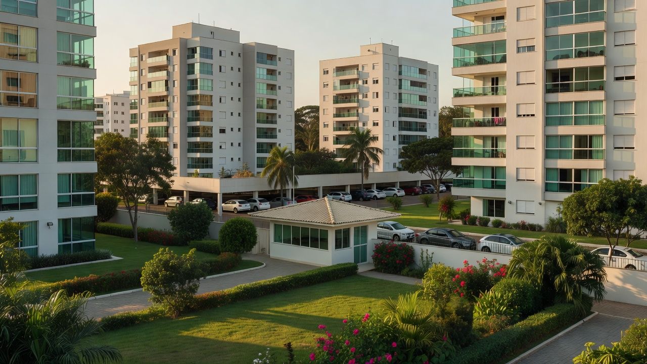 Condomínio residencial brasileiro com prédios e áreas comuns