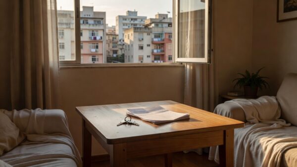 Apartamento brasileiro com chaves e documentos de aluguel sobre mesa, guia para primeiro imóvel