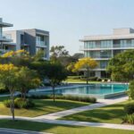 Condomínio residencial brasileiro com áreas verdes e prédios modernos