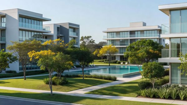 Condomínio residencial brasileiro com áreas verdes e prédios modernos
