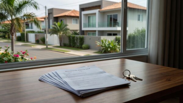 Casa brasileira com documentos de imóvel sobre mesa, alerta contra golpe na compra