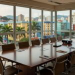 Sala de reuniões de condomínio com mesa e cadeiras preparadas para assembleia