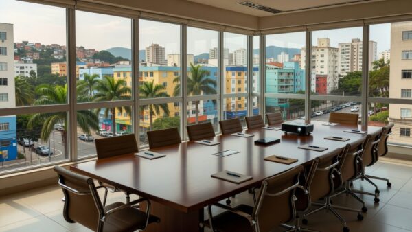 Sala de reuniões de condomínio com mesa e cadeiras preparadas para assembleia