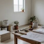 Sala de casa brasileira com materiais de reforma organizados para planejamento de orçamento