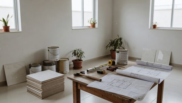 Sala de casa brasileira com materiais de reforma organizados para planejamento de orçamento