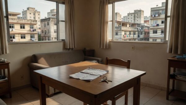 Apartamento simples no Brasil com contrato de aluguel e chaves sobre a mesa