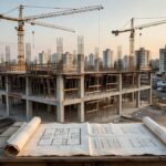 Canteiro de obras de imóvel na planta no Brasil com plantas e documentos de planejamento