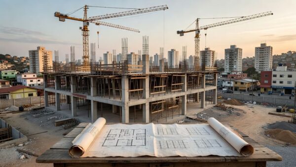 Canteiro de obras de imóvel na planta no Brasil com plantas e documentos de planejamento