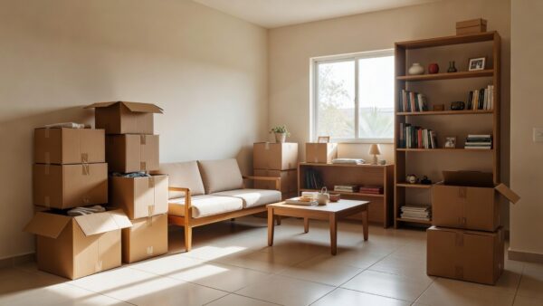 Sala de estar organizada após mudança em casa brasileira com caixas e móveis