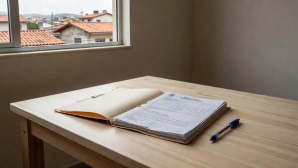 Documentos de matrícula de imóvel sobre mesa em ambiente residencial brasileiro