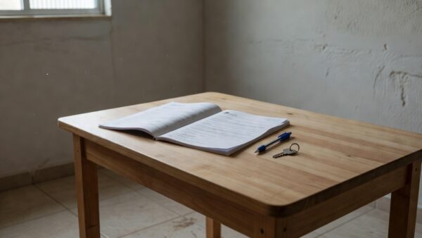 Mesa com contrato de aluguel, caneta e chave em apartamento brasileiro