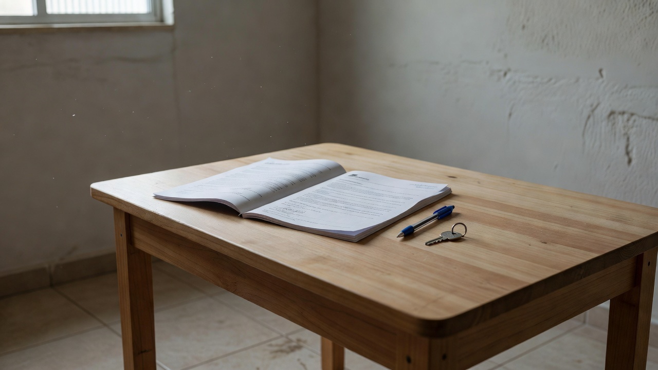 Mesa com contrato de aluguel, caneta e chave em apartamento brasileiro