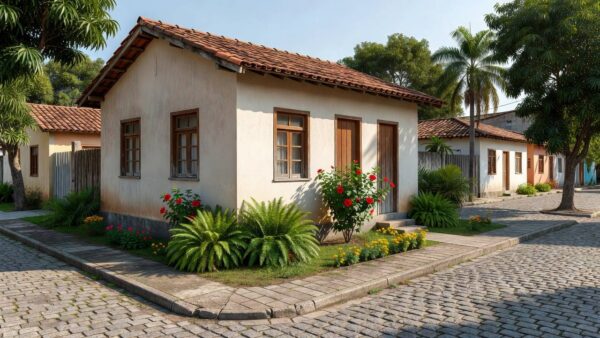 Casa residencial brasileira simples em bairro, representando compra com financiamento imobiliário