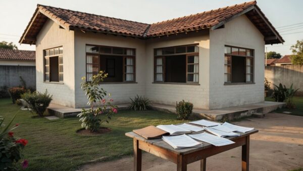 Casa brasileira com documentos imobiliários sobre mesa para verificação de dívidas