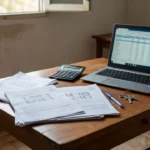 Mesa com documentos e planilha de custos reais de imóvel para financiamento