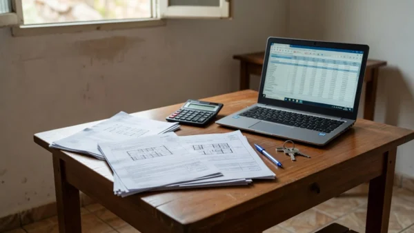 Mesa com documentos e planilha de custos reais de imóvel para financiamento