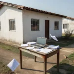 Casa brasileira com notebook e documentos para consulta de processos judiciais de imóvel