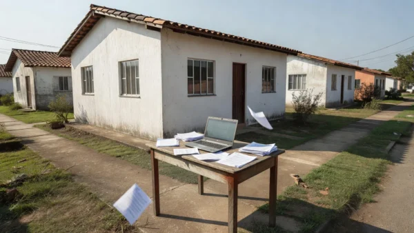 Casa brasileira com notebook e documentos para consulta de processos judiciais de imóvel