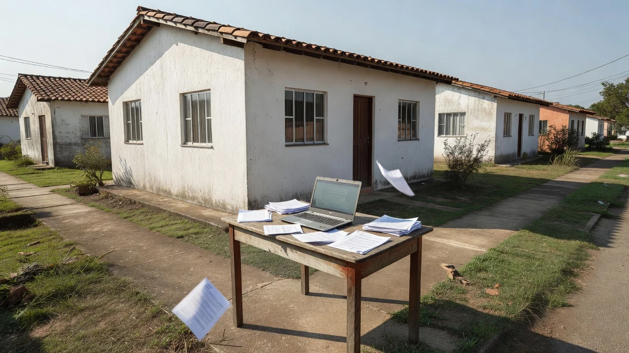 Casa brasileira com notebook e documentos para consulta de processos judiciais de imóvel