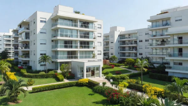 Fachada de condomínio residencial brasileiro com entrada principal e áreas comuns