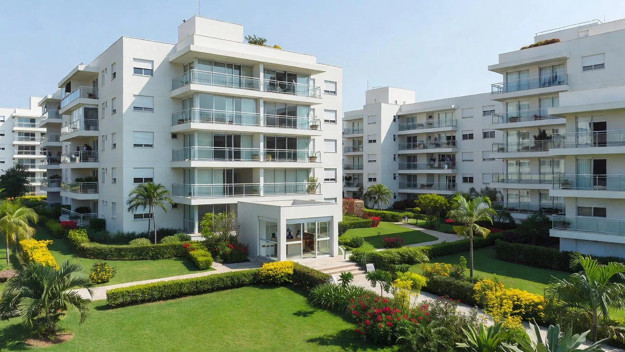 Fachada de condomínio residencial brasileiro com entrada principal e áreas comuns