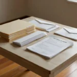 Documentos de aluguel organizados em pastas sobre mesa de madeira em casa brasileira