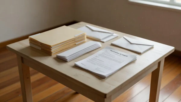 Documentos de aluguel organizados em pastas sobre mesa de madeira em casa brasileira