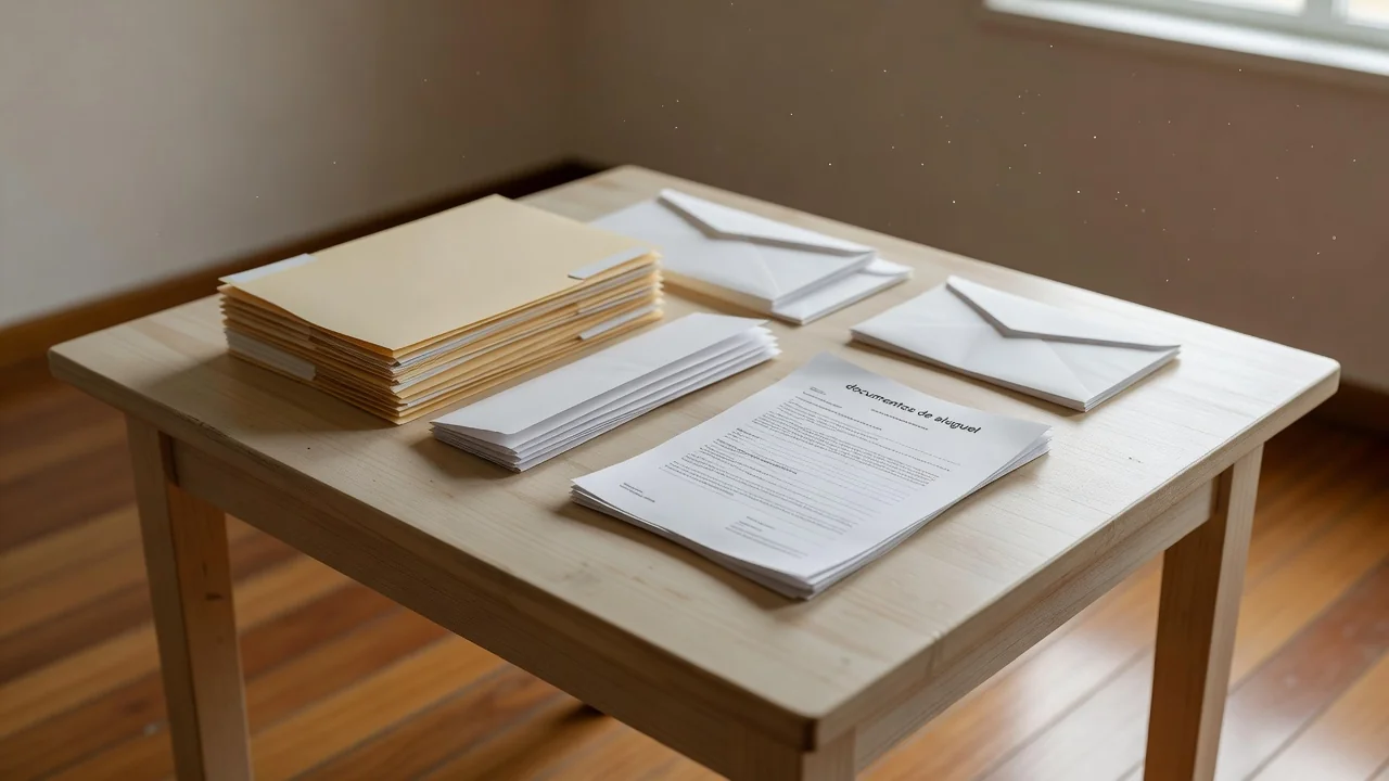 Documentos de aluguel organizados em pastas sobre mesa de madeira em casa brasileira
