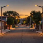 Rua residencial brasileira com postes de iluminação pública ao entardecer