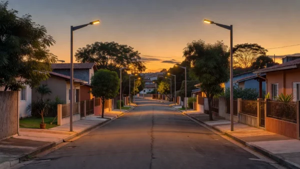 Rua residencial brasileira com postes de iluminação pública ao entardecer