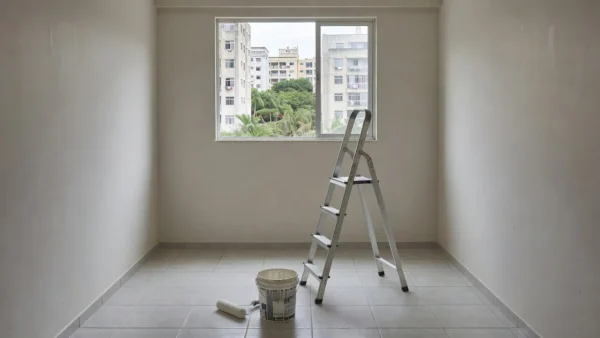 Sala de apartamento alugado com paredes pintadas e materiais de pintura