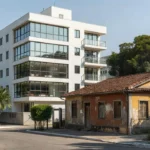 Imóveis novo moderno e casa usada antiga em bairro brasileiro