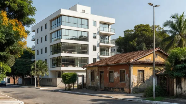 Imóveis novo moderno e casa usada antiga em bairro brasileiro