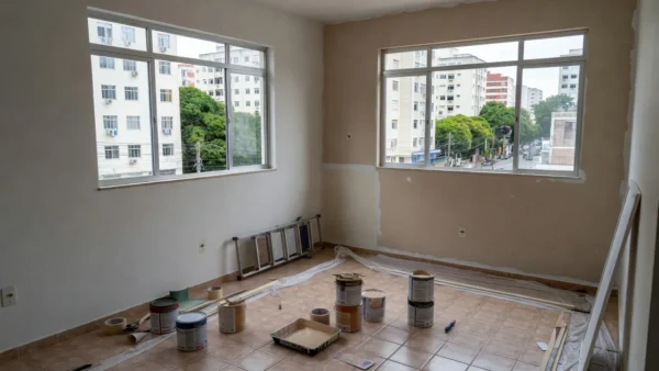 Apartamento em reforma com materiais de construção, ilustrando guia sobre autorização e caução em imóvel alugado.