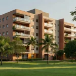 Prédio de condomínio residencial brasileiro com área comum verde e arquitetura moderna