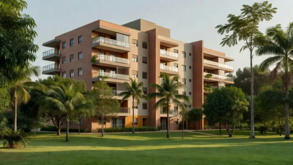 Prédio de condomínio residencial brasileiro com área comum verde e arquitetura moderna