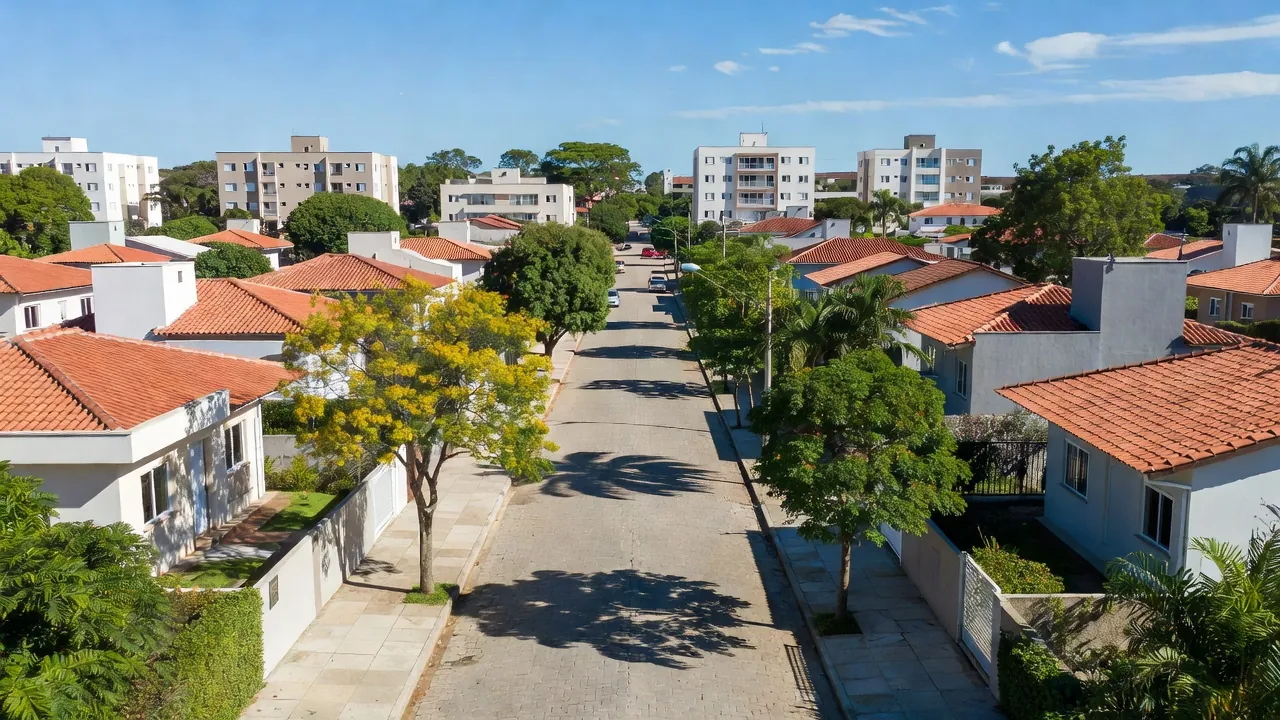 Bairro residencial brasileiro com casas modernas e ruas arborizadas, ilustrando potencial de valorização imobiliária.