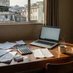 Mesa com calculadora e documentos em apartamento brasileiro para planejamento de orçamento