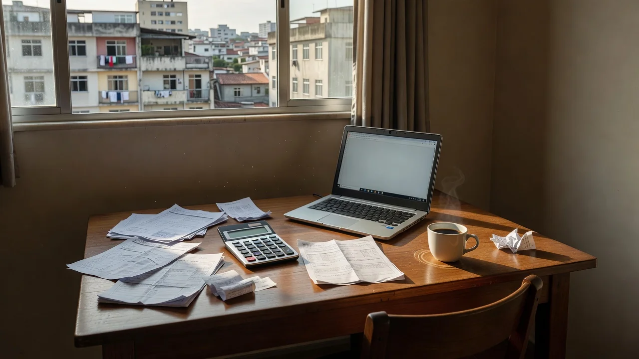 Mesa com calculadora e documentos em apartamento brasileiro para planejamento de orçamento